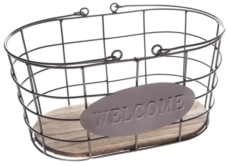 Košík oválný kovový + dřevěné dno 30x16x19cm Welcome - Dekorace a domácnost Dekorace